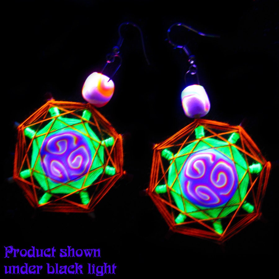 Purple Orange and Lime Psychedelic UV Dream Catcher Earrings