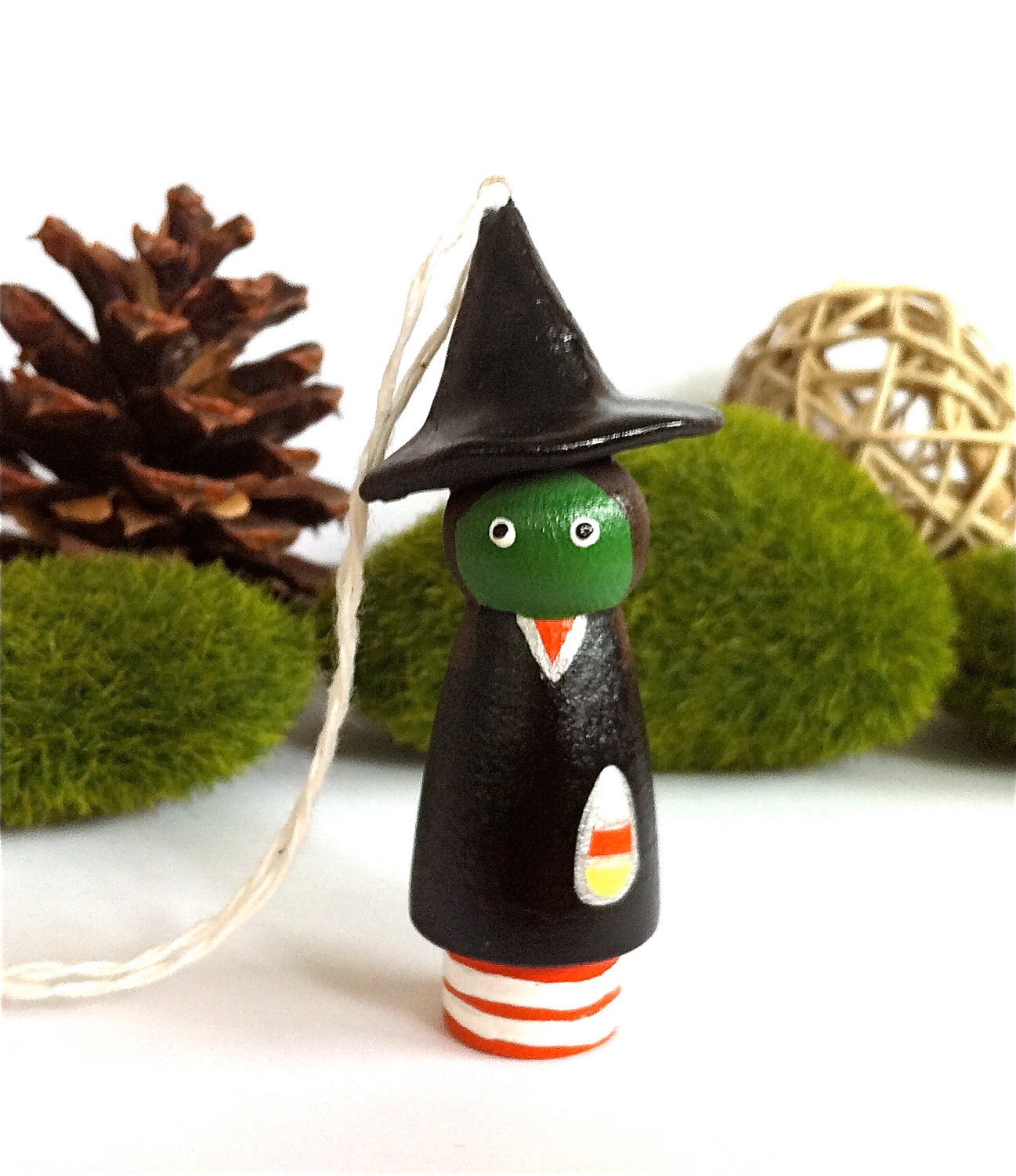Witch Halloween Ornament or Pendant Wooden Wood Peg Doll Halloween Decor Halloween Cake Topper  Horror Spooky Cute Holiday Ornament