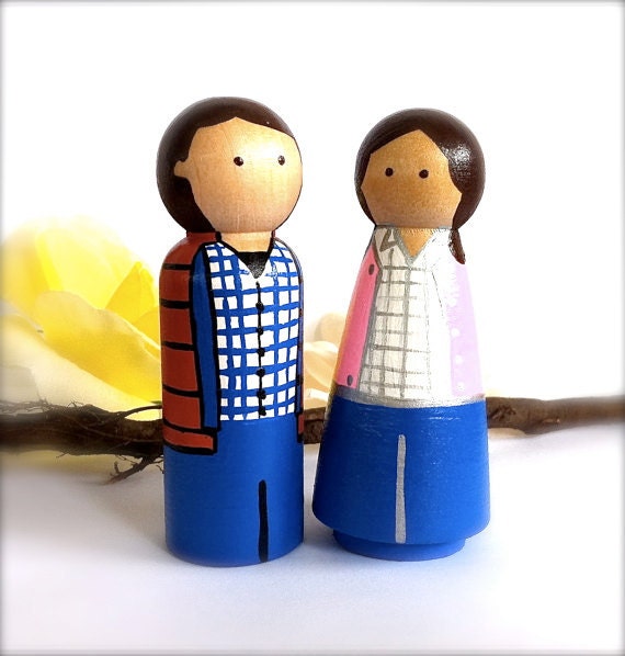 Back To The Future Themed Marty and Jennifer Custom Wedding Cake Topper Personalized Topper Collectable Keepsake 80s Movies Wood peg Dolls