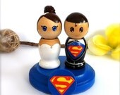 WEDDING CAKE TOPPERS Superman Wedding Cake Topper with Wood Stand Superhero Cake Topper Super Hero Toppers Kokeshi Doll Clark Kent Lois Lane