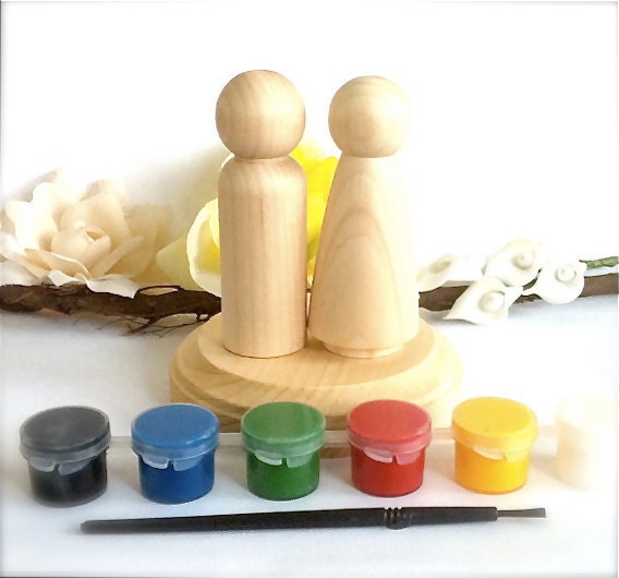 DIY Wedding Cake Toppers Kit with Stand and Paint Kit 2 Wood Peg Dolls Bride and Groom Naked Ready To Paint Do it Yourself Bridal
