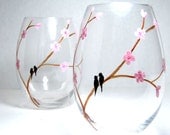 Painted Wine Glasses- Birds on Cherry Blossom Branch, Set of 2
