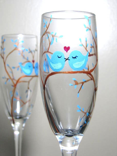 Champagne Flutes- Blue Love Birds