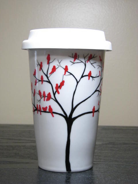 Travel Coffee Mug Personalized Birds of a Feather Ceramic Cup with Lid