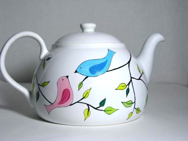 Ceramic Teapot Painted Birds on Branch
