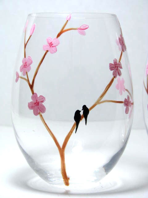Painted Wine Glasses- Birds on Cherry Blossom Branch, Set of 2