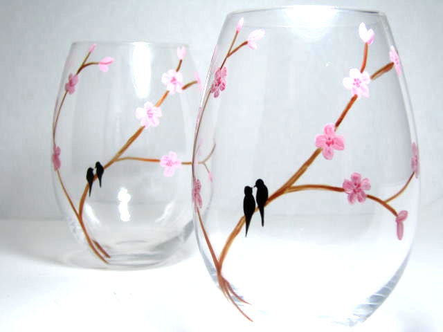 Painted Wine Glasses- Birds on Cherry Blossom Branch, Set of 2