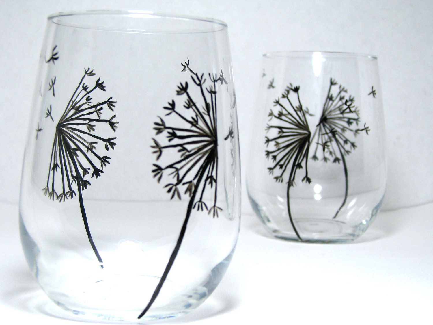 Wine Glasses Hand Painted Glassware Dandelion Collection, Set of 2