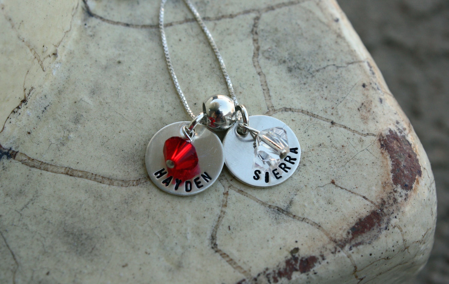 Handstamped sterling silver necklace with two charms