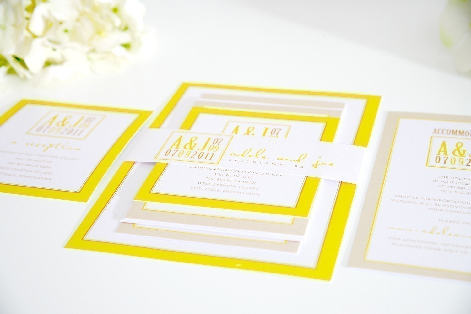 Modern Logo Wedding Invitations Sample in Yellow on Pearl Shimmer Luxury Cardstock