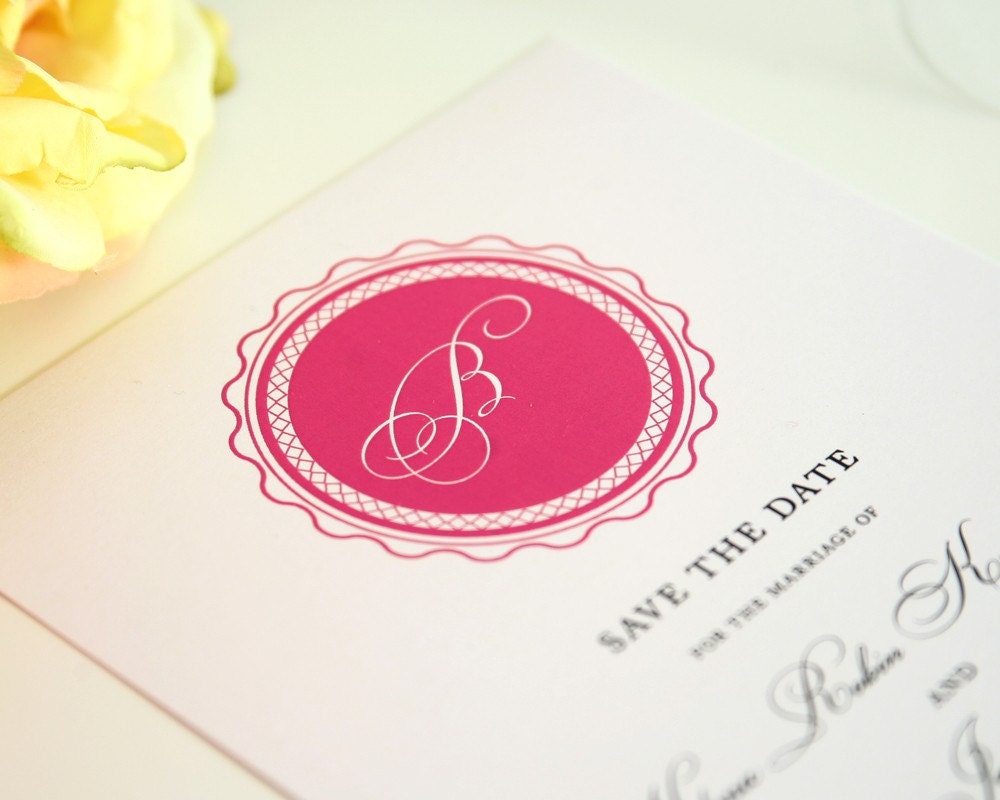 Classic Monogrammed Save the Date in Pink for an Elegant, Traditional or Contemporary Wedding - Medallion Monogram Deposit