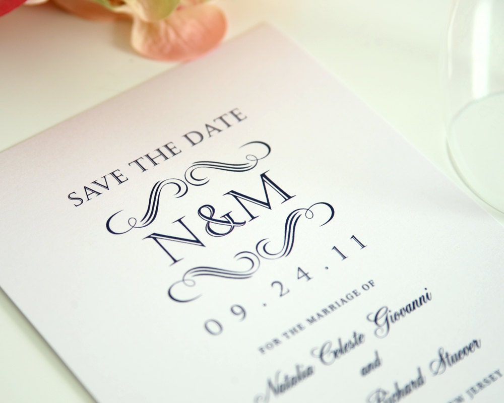 Dark Blue Save the Date Vintage Wedding Card or Wedding Announcement on White Shimmer Cardstock - Estate Monogram Deposit
