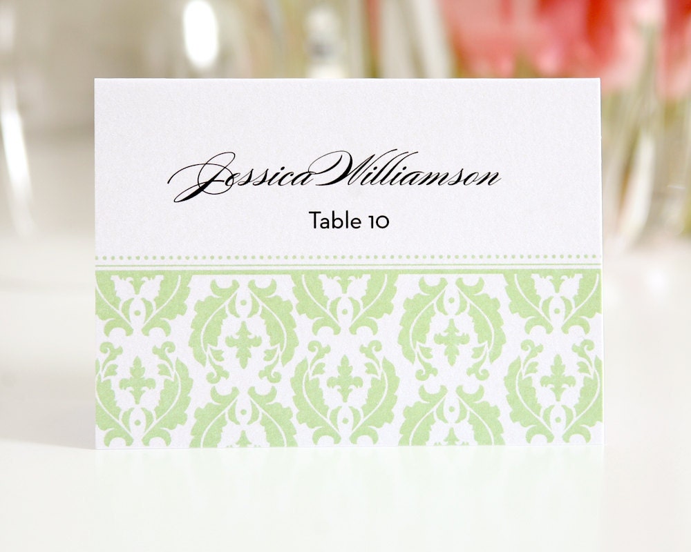 Green Damask Tented Place Cards or Escort Cards for Your Wedding, Damask Design Deposit