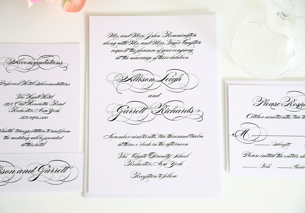 Elegant Script Wedding Invitation Suite - Traditional Wedding Invitation on White Shimmer Cardstock - Deposit