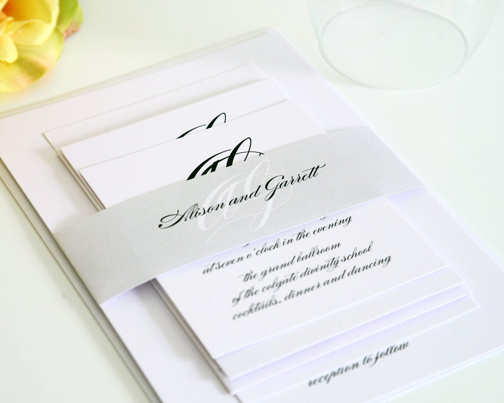 Script Monogram - Silver Wedding Invitation Suite with Black Initials - Classy, Elegant, Modern - Wedding Invite Sample Set