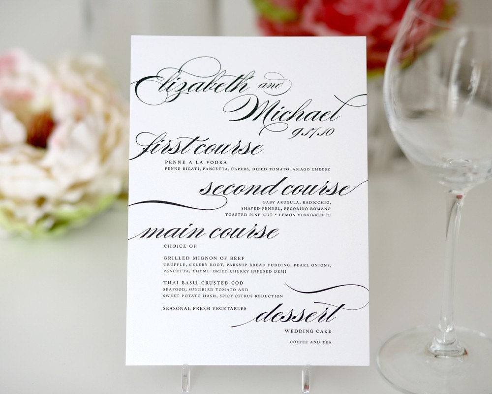 Dinner Menus for your Wedding or Event, Marriage Script Style B, Deposit