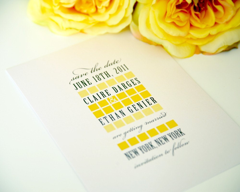 Contemporary Chic Save the Date in Yellow and Grey for a Classy, Upscale Wedding - Modern Squares Deposit