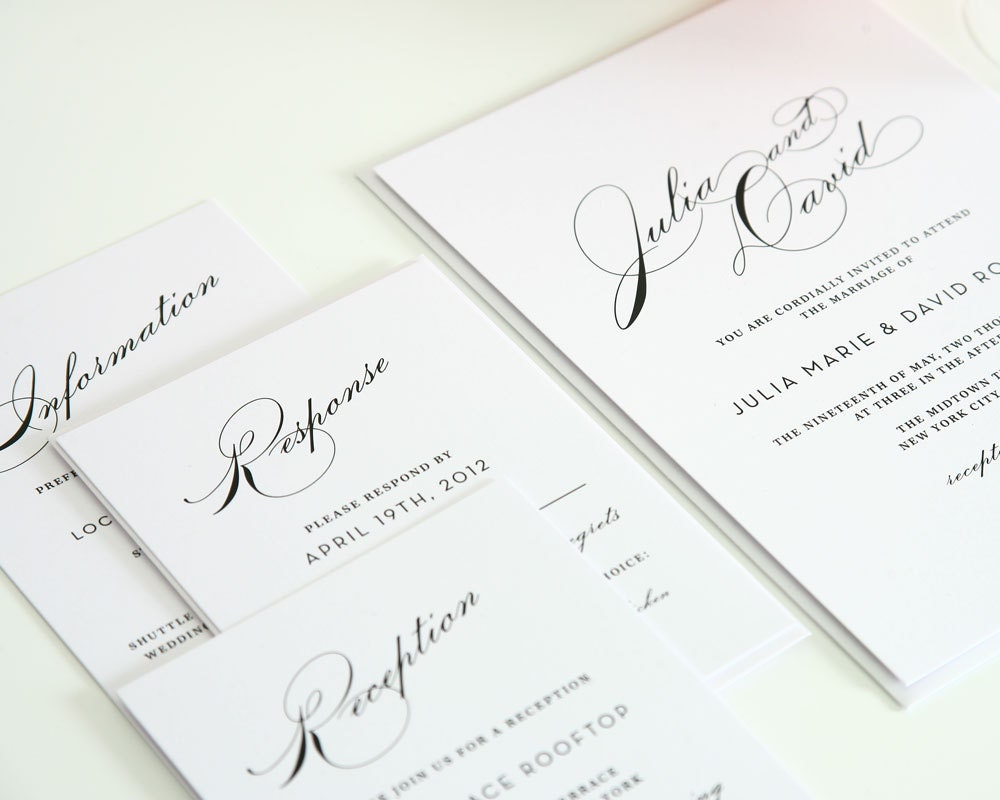 Wedding Invitation Suite - Vintage Glam Design - Modern, Vintage, Hollywood 1940s Wedding Invitation with Large Names in White - Sample Set