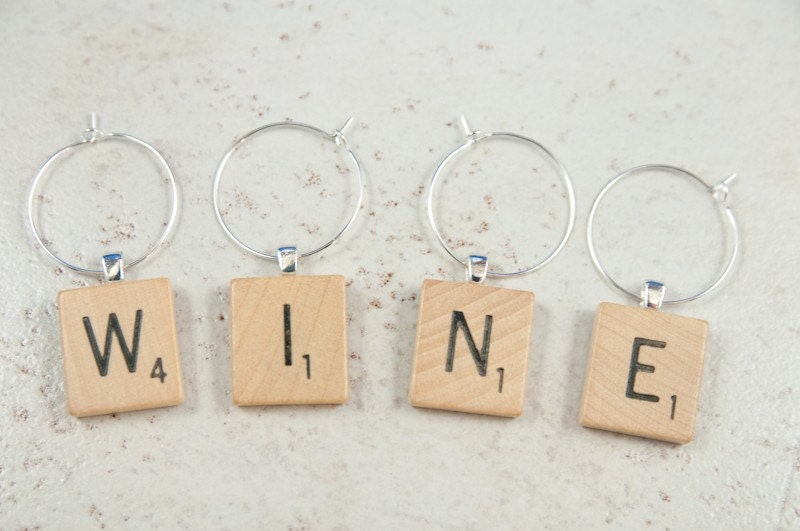 Scrabble Tile Wine Charms set of 4, drink charms