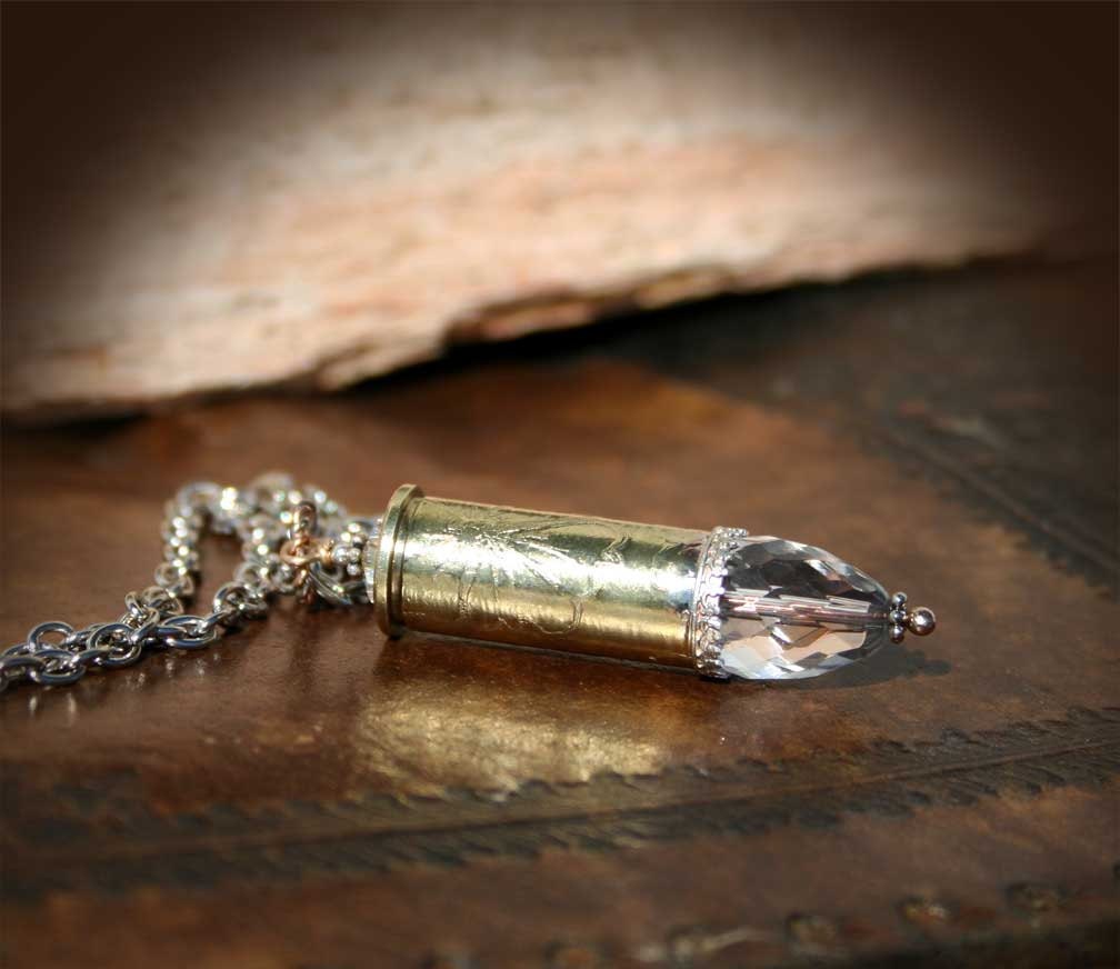 Necklace, Colt 45 Bullet Casing, Pendant, Etched Flowers, Crystal, Sterling Silver Accents