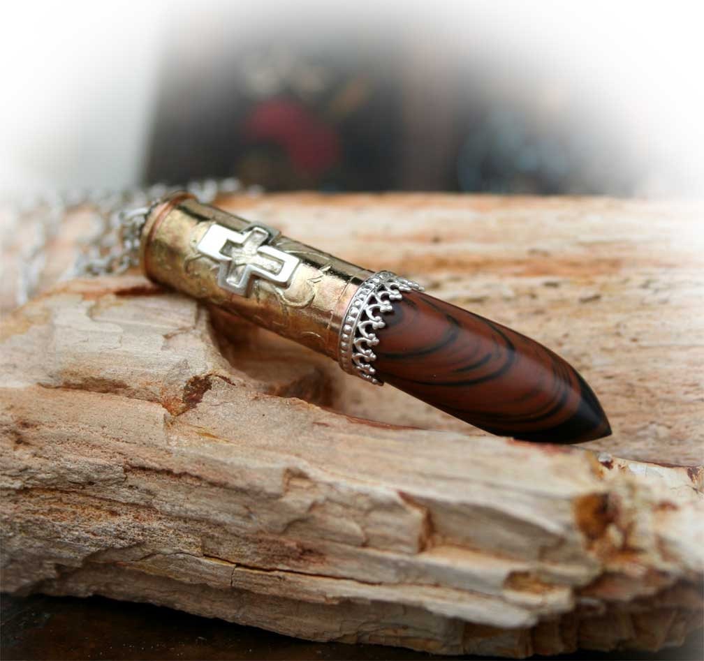 Necklace, Colt 45 Bullet Casing, Unique Pendant, Etched Flowers, Crystal, Sterling Silver Accents
