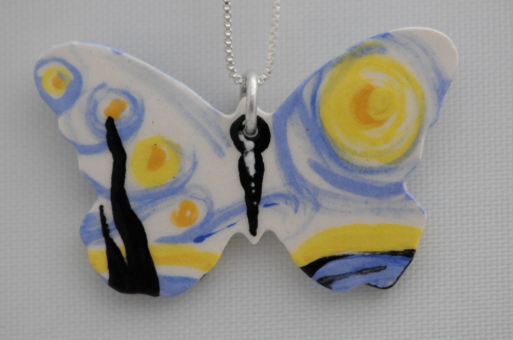 Vincent Van Gogh Inspired Ceramic Starry Night Inspired Butterfly June Necklace