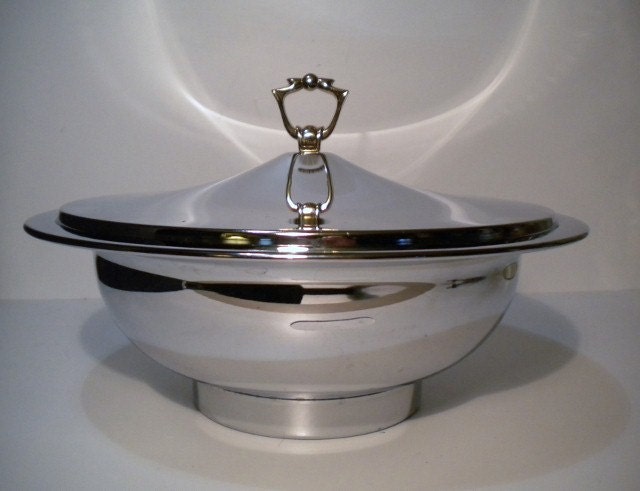 Vintage Mid Century Stainless Lidded Serving Bowl with Brass Handle