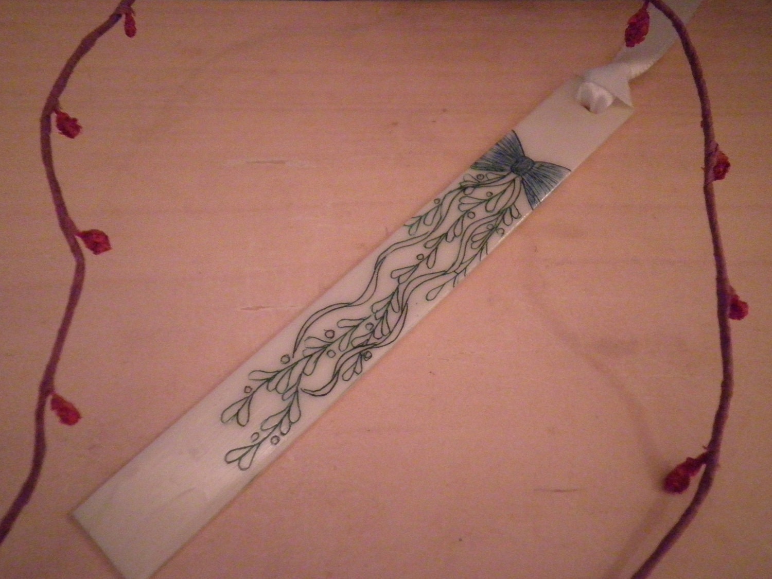 Ivory Scrimshaw Bookmark Blue Flower Swag Ribbon OOAK Great Gift Idea