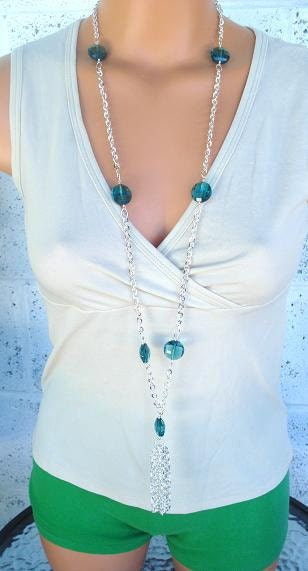 Bohemian necklace, bohemian jewelry, Long chain necklace, Funky necklace, tassle necklace, cerulean blue