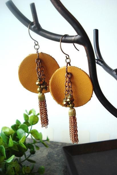 Rustic Leather and Vintage Tassel Earrings, SPICY MUSTARD, bohemian jewelry