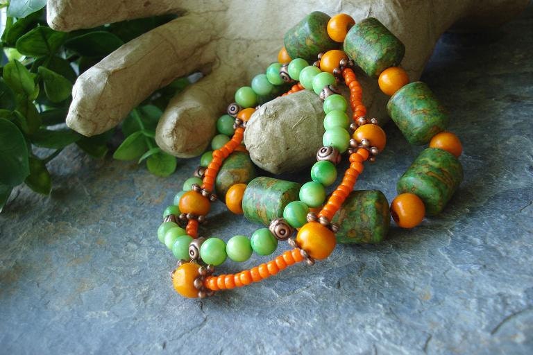 Stretch bracelet set, stacking bracelets, lime, green, orange, citrus, stone, wood, mother of pearl, bohemian jewelry