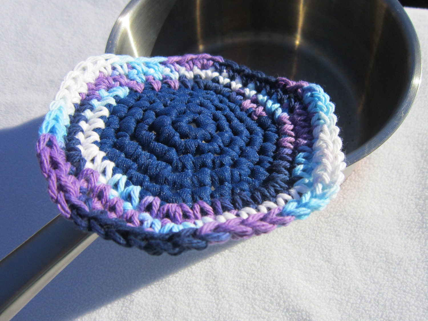Crocheted Kitchen Scrubbie Cotton and Nylon Tulle in Blue and Purple