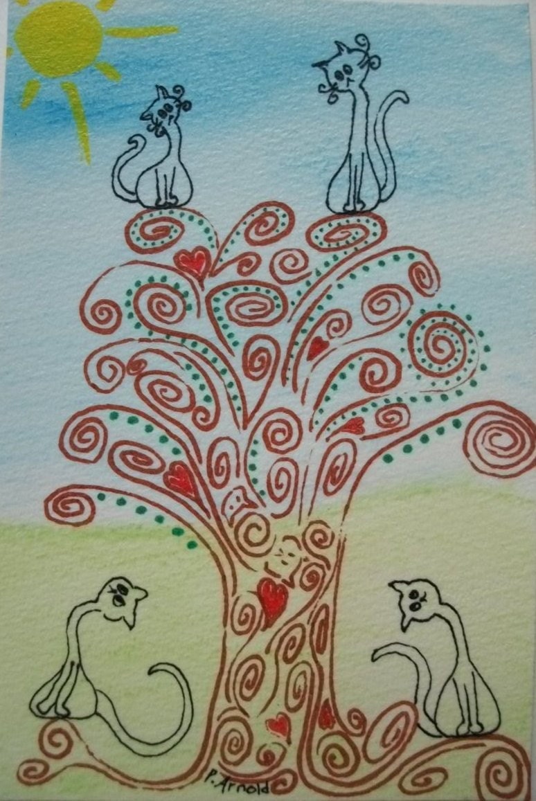Cat Watercolor Original "Cats in a Doodle Tree"  4 x 6