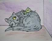 Cat and Spider Aceo 02 - Original Watercolor - To Eat or Not to Eat