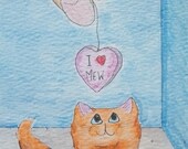 Kitty Cat Original Watercolor - "I Heart MEW"