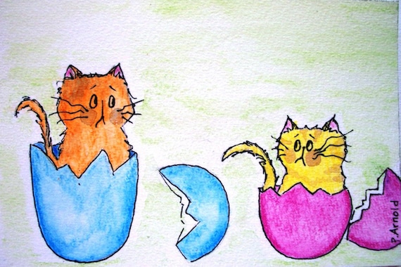 Cat Watercolor - Easter Kitties Original 4 x 6