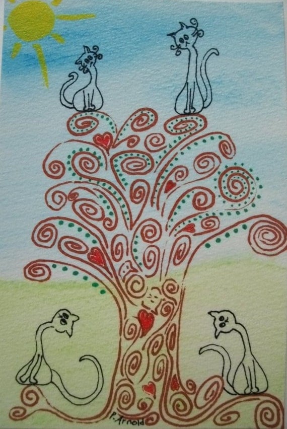 Cat Watercolor Original "Cats in a Doodle Tree"  4 x 6