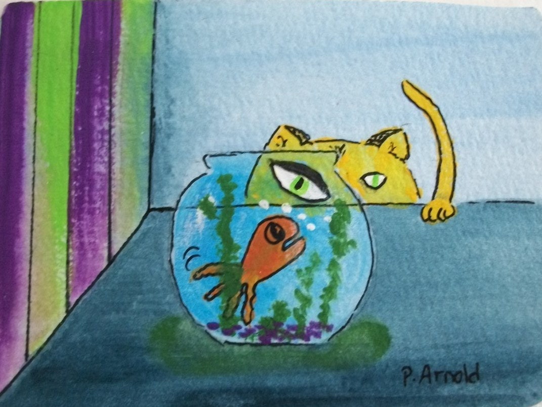 Cat ACEO Original - His Eye is on the Fish Bowl