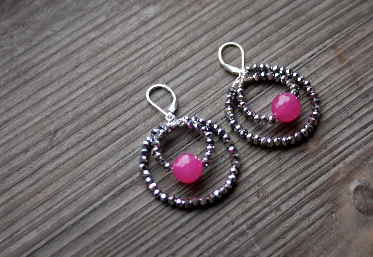 Hot Pink Jade and Swarovski Crystal Sterling Silver Earrings