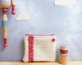 Recycled Coin Purse - Blood Red Embroidered Stripe Design on Cream Wool