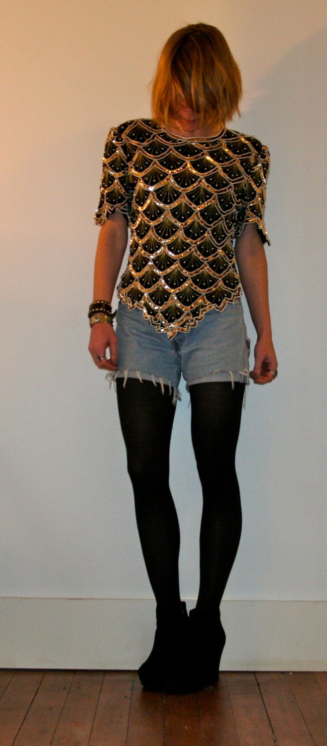 AMAZING Balmain-esque Sequined & Beaded Silk Tunic- Size L