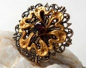 Filigree GEMSTONE RING Red Garnet Floral Gold Antique Brass Ox R0028 by LooLoo's Box Handcrafted Jewelry
