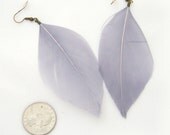 SILVER Grey feather earring - Leaf shaped goose feather attached hook earring