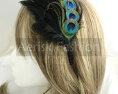 Peacock feather fascinator with BLACK feather backing -  AGNES design - CHOOSE headband, comb, or hair clip