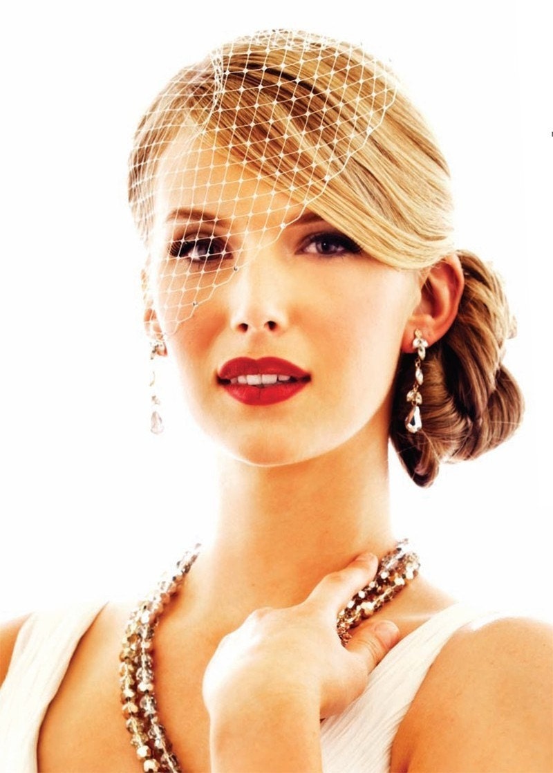 Bridal Ivory Blusher Veil - Birdcage Wedding veiling Also available in white, black, royal purple, aqua, and red