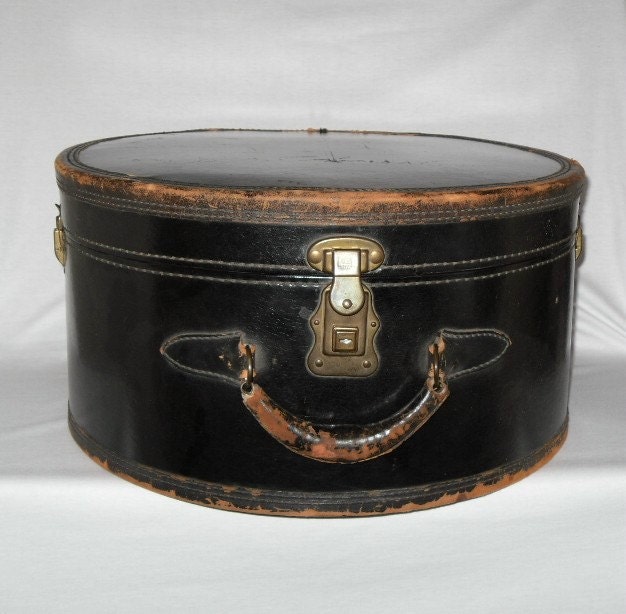 Antique Round Black Train Case Luggage by Thegoodgranny on Etsy