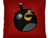 Angry Birds Pillow - Black Bomb bird on red felt. Gift for boy or girl, birthday or just because.