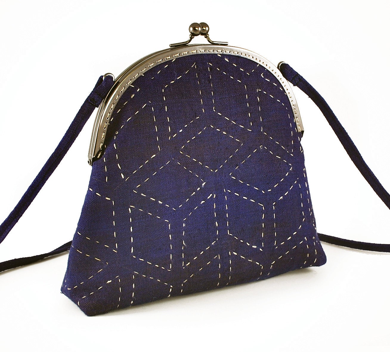 Indigo hemp bag with hand stitched diamonds