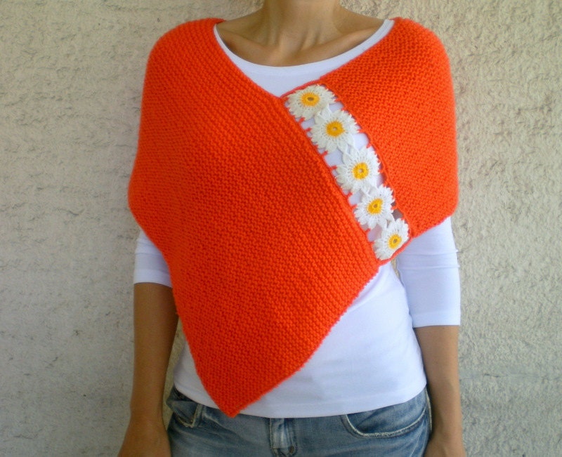 Tangerine Orange Poncho with Daisy Motifs  Floral Shawl Autumn Fall Fashion Woman Poncho Halloween