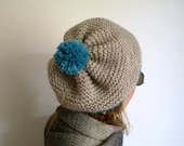 Alpaca Slouchy Hat with Pompom  Chunky Knit Beret in Stones Colors and Teal